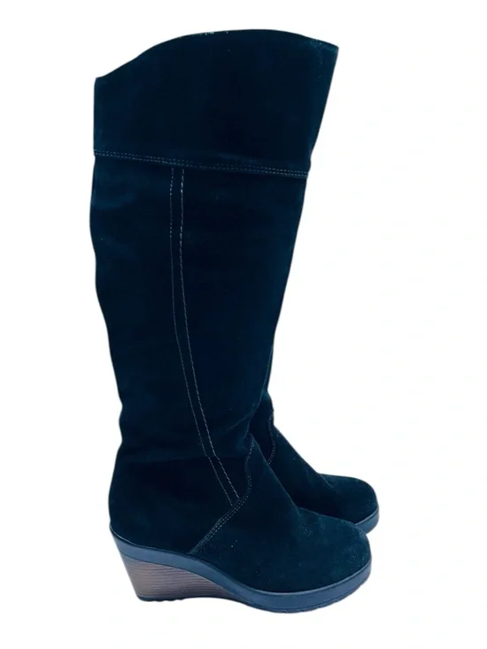 Black Suede Platform Wedge Knee High Women's Boots 37 Built-in crampons - Picture 3 of 8